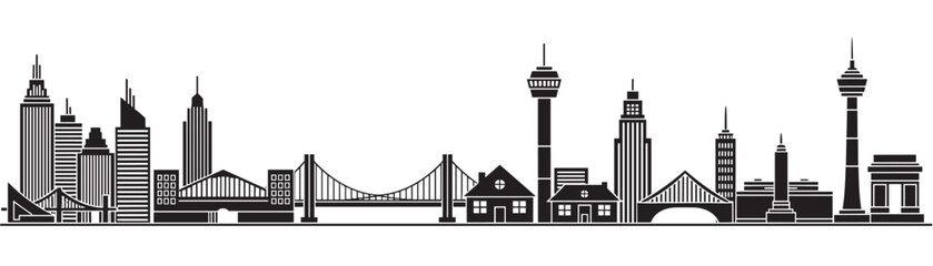 Naklejka premium A black and white vector illustration of a generic city skyline featuring diverse architecture like modern skyscrapers, towers, bridges, and houses presented in a panoramic silhouette