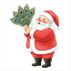 Vector Santa Claus Holding Peacock Feathers Isolated on White Background
