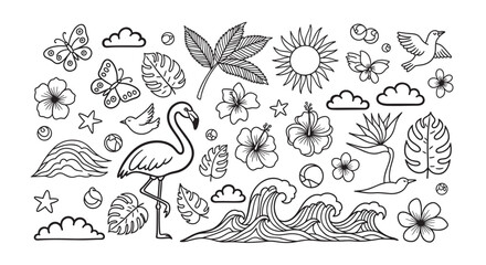 Obraz premium Set of summer vacation doodles featuring a flamingo, hibiscus flowers, monstera leaves, sun, and ocean waves, illustrated in a simple black and white line art graphic style