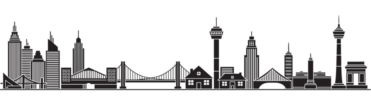 A black and white vector illustration of a generic city skyline featuring diverse architecture like modern skyscrapers, towers, bridges, and houses presented in a panoramic silhouette