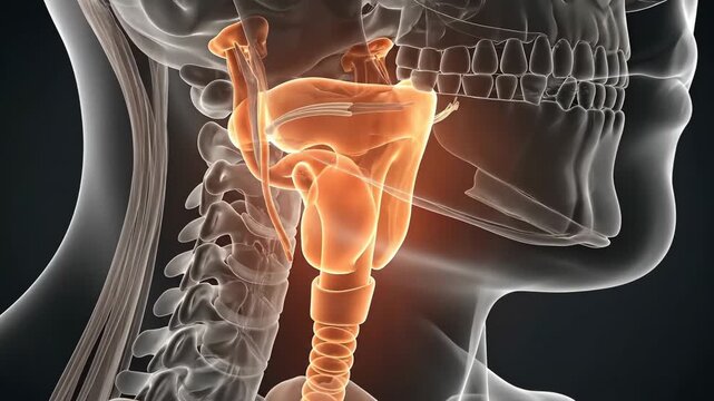 Anatomical 3D Render Of The Human Larynx And Trachea Illuminated With Orange Glow Against A Dark Background Detailed Medical Visualization Showing Vocal Cords And Windpipe Structures For Health