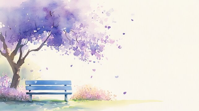 79.A charming watercolor sketch of a blue park bench situated beneath a blooming jacaranda tree, its purple flowers in full bloom. The tree's petals are scattered across the grass, and pink flowering