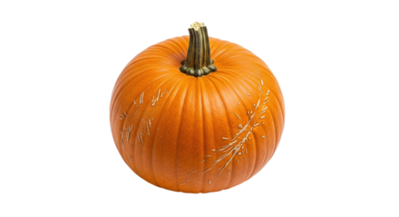 A vibrant orange pumpkin isolated on transparent background, showcasing its round shape and textured skin, perfect for autumn harvest and halloween themes