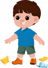 Cartoon Boy Standing Near Trash