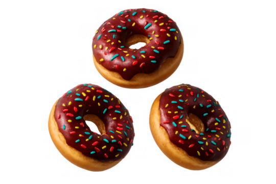 Chocolate covered donuts with colorful sprinkles floating, delicious sweet snack and dessert food