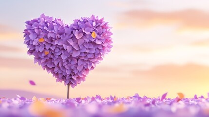 96.A magical 3D rendering of a heart-shaped tree with bright purple leaves, set in a picturesque autumn landscape. The ground is covered with purple and gold foliage, while a soft orange sunset casts