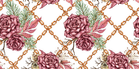 Burgundy roses, fir branches, cones, dry branches, dried flowers, leaves and chains seamless pattern watercolor illustration. Isolated, suitable for Christmas and New Year wrapping paper, fabric, 