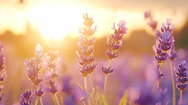 74.A magical sunset over a lavender field, with the rich purple blooms standing out against the vibrant colors of the sky. The golden light of the sun casts long shadows across the rows of lavender,