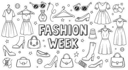 A black and white doodle set of fashion week elements including dresses, shoes, handbags, and accessories, hand-drawn in a cute coloring book style on a white background