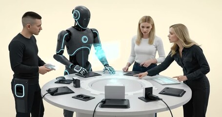 Diverse Team Collaborates with Advanced Robot on Futuristic Technology Project. - Powered by Adobe