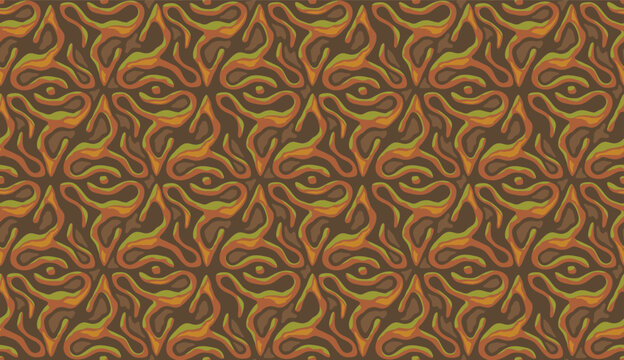 Seamless decorative hand drawn brown and green pattern. Roots inscribed in a triangular shape. Ethnic endless background with 3d ornament. Ethnic motives, tribal figures. Vector wallpaper