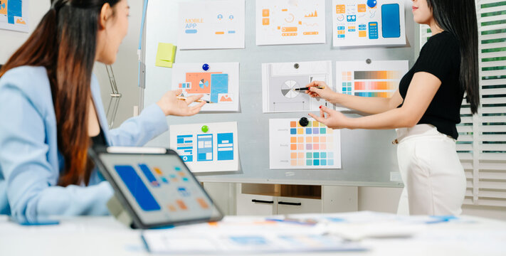 UX graphic designer planning application process development prototype wireframe for web smart phone. Creative digital development agency.