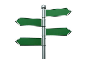 Blank signpost showing multiple green arrows for choosing a path, making decisions, and illustrating business strategy directions