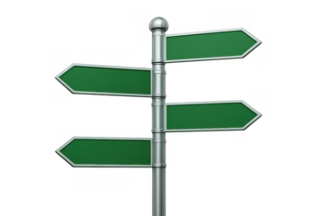 Blank signpost showing multiple green arrows for choosing a path, making decisions, and illustrating business strategy directions