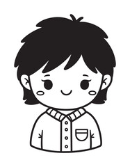 Obraz premium A cute and happy cartoon character with short hair smiling in a simple black and white line art illustration, a kawaii style portrait isolated on a plain white background