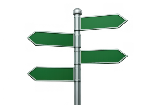 Blank signpost showing multiple green arrows for choosing a path, making decisions, and illustrating business strategy directions
