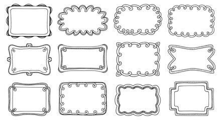 A collection of twelve hand-drawn doodle frames and borders in various decorative shapes, sketched in black ink on a white background as a graphic design element set