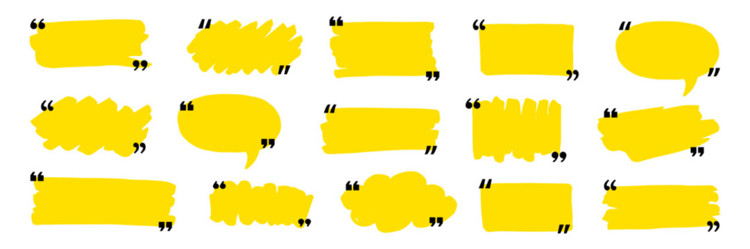 Quotation mark text box frame set. Hand drawn marker brush stroke text message frame background. Quotation mark dialog speech, square, chat banner design template. Vector illustration