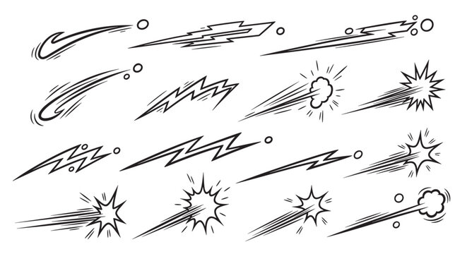 A diverse set of hand-drawn comic book style motion effects, including speed lines, energy bolts, smoke puffs, and impact explosions, isolated on a white background