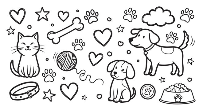 A charming collection of hand-drawn doodle illustrations featuring cute cats, dogs, and various pet accessories like bones, collars, and food bowls in a playful line art style