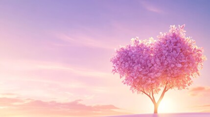 99.A beautiful 3D design of an autumn tree with a heart-shaped canopy, made up of purple leaves. The tree stands against a vibrant sunset sky, with the warm, golden hues of autumn creating a