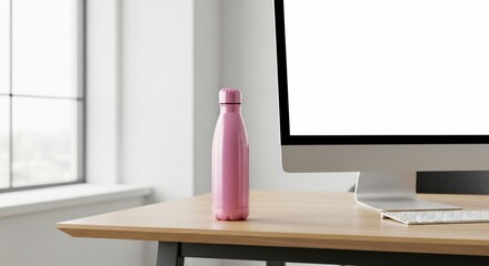 Modern Workspace Pink Water Bottle and Computer on Wooden Desk Near Window, Minimalist Design
