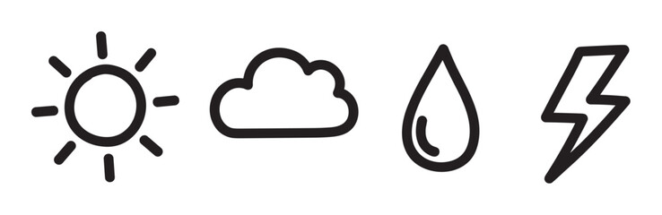 A collection of hand-drawn weather icons including a sun, cloud, raindrop, and lightning bolt, isolated on a white background in a minimalist black and white style