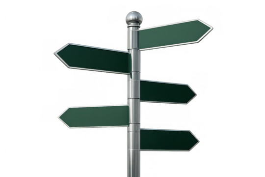 Blank green signpost showing multiple directions on a metal pole. Representing choices, decisions, and future paths on transparent background