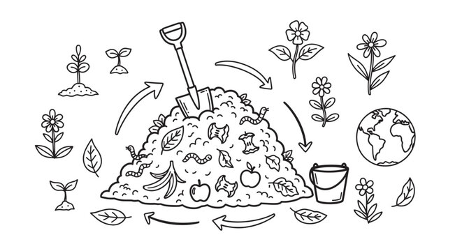 Doodle style infographic illustrating the process of composting organic waste with worms to create rich soil for growing flowers, showing a sustainable and eco-friendly cycle
