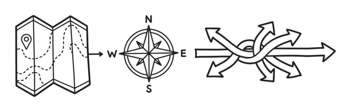 Simple black and white line art depicting a map and compass pointing towards a confusing tangle of arrows, representing the complexity of choice and finding the right direction
