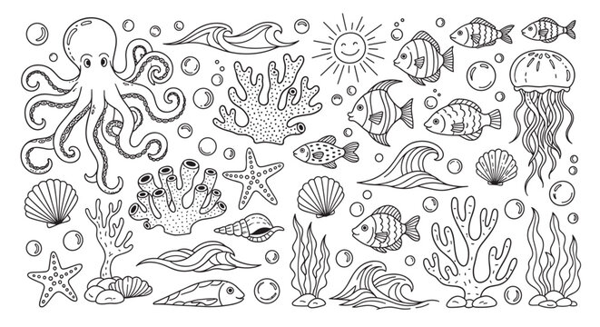 A charming collection of hand-drawn sea life doodles, featuring a cute octopus, fish, jellyfish, coral, and shells in a simple black line art style on a beige background