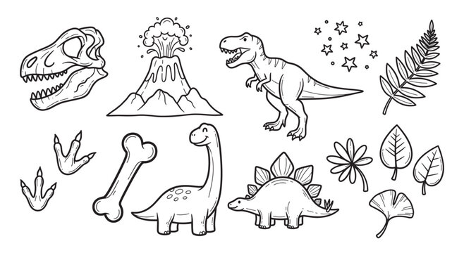 Charming black and white doodle set of cute dinosaurs and prehistoric elements, including a T-Rex, volcano, fossil, and plants, drawn in a simple cartoon line art style