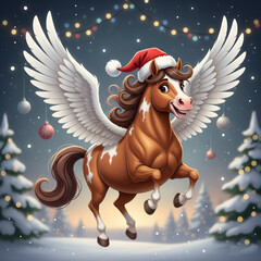 A cartoon horse with wings celebrates winter time