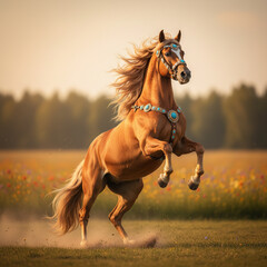 A cheerful horse plays drums in a Santa outfit