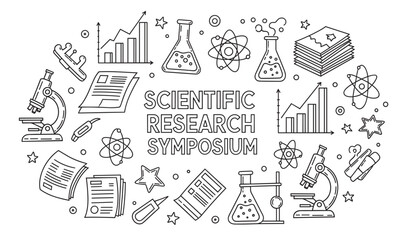 Doodle-style banner for a scientific research symposium featuring various outline icons such as microscopes, laboratory flasks, atoms, and data graphs on a white background