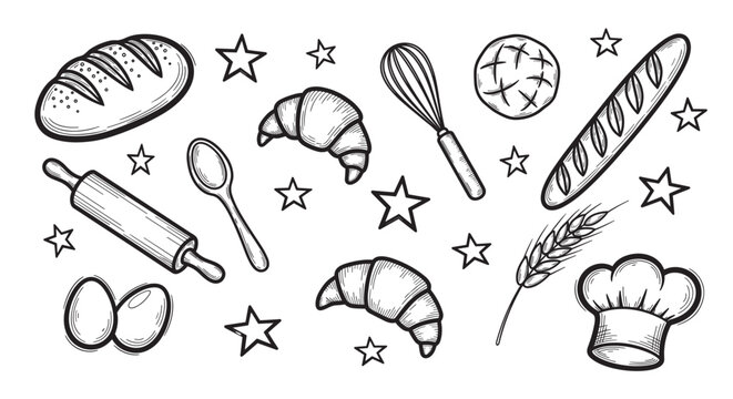 A delightful collection of sketched baking and pastry elements, showcasing bread, croissants, a chef's hat, and kitchen tools in a classic, hand-drawn illustration style for culinary concepts
