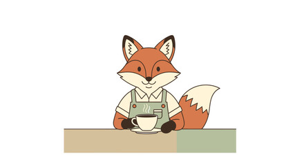 Adorable fox barista enjoying a hot drink at the cafe, perfect for children's books and whimsical designs with a cozy, inviting atmosphere