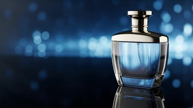 A luxurious glass perfume bottle with a golden cap sits elegantly against a softly blurred blue bokeh background, exuding sophistication and allure