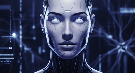 Futuristic artificial intelligence human-like robot head with glowing eyes and digital data streams in the background