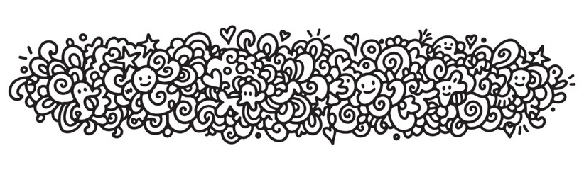 A hand-drawn black and white doodle banner with cute cartoon characters, smiley faces, hearts, and stars mixed with abstract swirls and curls on a clean white background