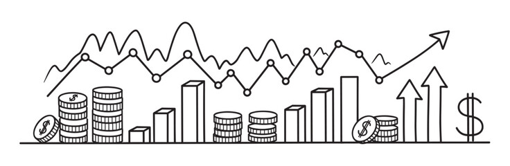 Hand-drawn doodle illustration of a financial growth concept with rising bar charts, line graphs, stacks of coins, and upward arrows isolated on a white background