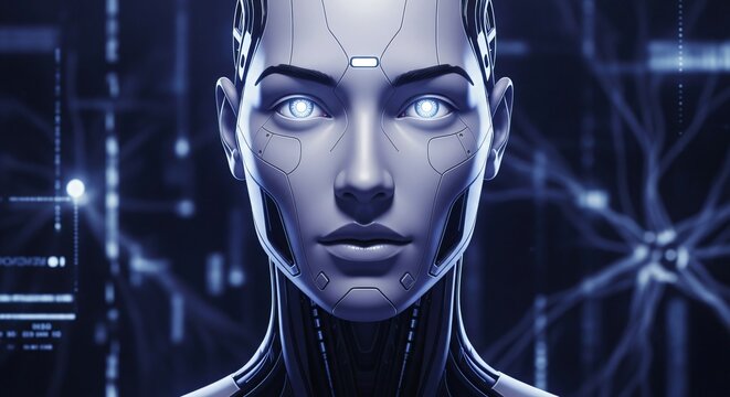 Futuristic artificial intelligence human-like robot head with glowing eyes and digital data streams in the background