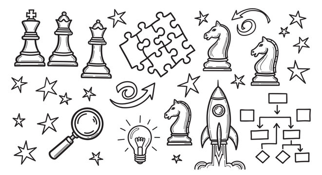 Hand-drawn collection of doodle icons representing business strategy, innovation, and growth, featuring chess pieces, a rocket, puzzle, lightbulb, and flowchart on a simple background
