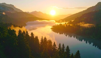 A serene lake reflects the warm hues of a sunrise, framed by lush evergreen forests and mountainous terrain. Wisps of fog float