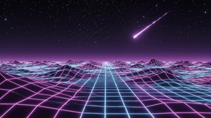 Futuristic neon grid landscape with glowing pink and blue lines under a starry night sky, featuring a shooting star streaking across the horizon, creating a mesmerizing retro sci-fi atmosphere - Powered by Adobe