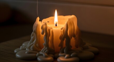 Close-up of a melting candle with a flickering flame on a dark background, creating a warm and cozy atmosphere suitable for relaxation or meditation