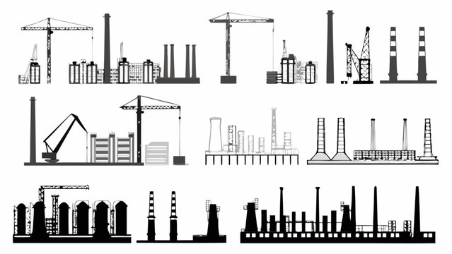 Dynamic silhouette of industrial plants, construction cranes, and factories conveying power and progress