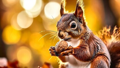 Squirrel's Golden Harvest: A Close-Up with a Walnut Treasure