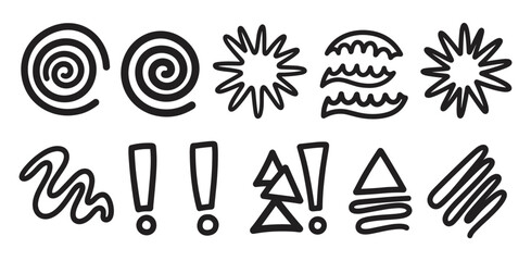 Fototapeta premium A collection of hand-drawn black doodle shapes and symbols, including spirals, starbursts, and exclamation marks, isolated on a white background for creative design projects