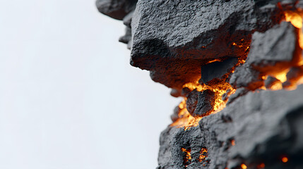 a close-up view of molten lava flowing between dark rock formations. The contrast between the dark rocks and the glowing lava creates a dramatic scene